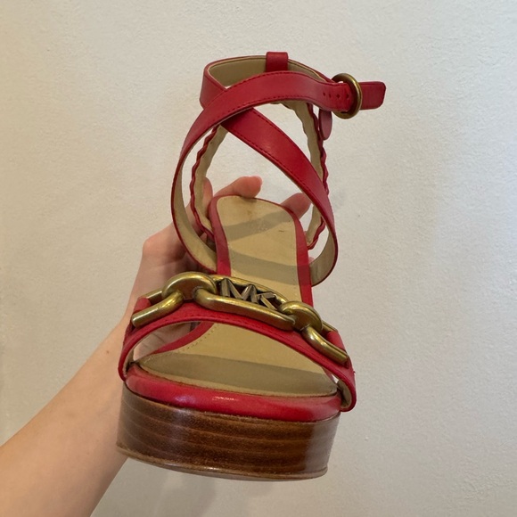 Michael Kors Women Red Kailey Leather Braided Strap Chunky Platform Heels Size 8 - Picture 5 of 15